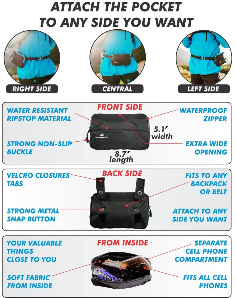 FREEMOVE External Detachable Pocket for Backpacks and Waist Belts, Durable, Lightweight and Water-resistant Great for Hiking, Running, Jogging, Cycling, Biking, Skiing, Water Sports, Rave Festival, Traveling - Image 5